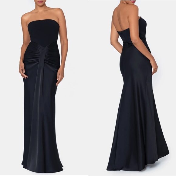 NEW Betsy & Adam BLACK Strapless SATIN Draped RUCHED Pleat EVENING Dress GOWN 12 - Picture 2 of 16